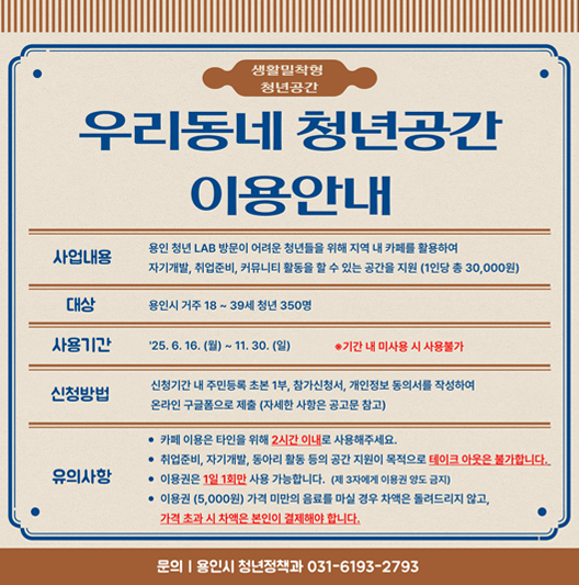 생활밀착형 청년공간 우리동네 청년공간 이용안내 사업내용: 용인 청년 LAB 방문이 어려운 청년들을 위해 지역 내 카페를 활용하여 자기개발, 취업준비, 커뮤니티 활동을 할 수 있는 공간을 지원 (1인당 총 30,000원) 대상: 용인시 거주 18~39세 청년 350명 사용기간: 25.6.16 (월) ~ 11:30 (일) ※기간 내 미사용 시 사용불가 신청방법: 신청기간 내 주민등록 초본 1부, 참가신청서, 개인정보 동의서를 작성하여 온라인 구글폼으로 제출(자세한 사항은 공고문 참고) 유의사항: 카페 이용은 타인을 위해 2시간 이내로 사용해주세요. 취업준비, 자기개발, 동아리 활동 등의 공간 지원이 목적으로 테이크 아웃은 불가합니다. 이용권은 1일 1회만 사용 가능합니다. (제 3자에게 이용권 양도 금지) 이용권(5,000원) 가격 미만의 음료를 마실 경우 차액은 돌려드리지 않고, 가격 초과 시 차액은 본인이 결제해야 합니다. 문의: 용인시 청년정책과 031-6193-2793