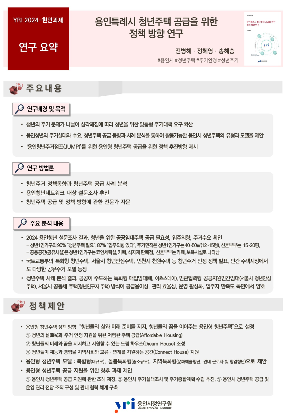 YRI 2024-현안과제 연구요약 용인특례시 청년주택 공급을 위한 정책 방향 연구 전병예,정혜영,송혜승 #용인시 #청년주택 #주거안정 #청년주거
주요내용 연구배경 및 목적 청년의 주거 문제가 나날이 심각해짐에 따라 청년을 위한 맞춤형 주거대책 요구 확산 용인청년의 주거실태와 수요, 청년주택 공급 동향과 사례 분석을 통하여 행정가능한 용인시 청년주택의 유형과 모델을 제안 ‘용인청년주거점프(JUMP)’를 위한 용인형 청년주택 공급을 위한 정책 추진방향 제시
연구 방법론 청년주거 정책동향과 청년주택 공급 사례 분석 용인청년네트워크 대상 설문조사 추진 청년주택 공급 및 정책 방향에 관한 전문가 자문
주요 분석 내용 2024 용인청년 설문조사 결과 청년을 위한 공공임대주택 공급 필요성 입주의향 주거수요 확인 청년1인가구의 90퍼센트 청년주택 필요 87퍼센트 입주의향 있다 주거면적은 청년1인가구는 40에서 50 제곱미터 신혼부부는 15에서 20평 공용공간은 휴게실과 청년1인가구는 코워킹스페이스 카페 세탁편의점 신혼부부는 카페 보육시설로 나타남 국토교통부의 특화형 청년주택 서울시 청년안심주택 인천시 청년주택 등 청년주거 안정 정책 발표 민간 주택시장에서 다양한 공유주거 모델 등장 청년주택 사례 분석 결과 공공이 주도하는 특화형 매입임대 예 아츠스테이 민관협력형 공공지원민간임대 서울시 청년임대주택 서울시 공동체 주택 청년원주가 주택 방식이 공급용이성 관리 효율성 운영 활성화 입주자 만족도 측면에서 양호
정책 제안 용인형 청년주택 정책 방향 청년들의 삶과 미래 꿈을 지지 청년들의 꿈을 이루어주는 용인형 청년주택으로 설정 
1.청년의 삶(life)과 주거 안정 지원을 위한 저렴한 주택 공급 (Affordable Housing)
2. 청년들의 미래와 꿈을 지지하고 지원할 수 있는 드림 하우스(Dream House) 조성
3. 청년들이 재능과 경험을 지역사회와 교류·연계를 지원하는 공간(Connect House) 지원
용인형 청년주택 모델: 복합형(대규모), 돌봄특화형(중소규모), 지역특화형(문화예술청년, 관내 근로자 및 창업청년)으로 제안
용인형 청년주택 공급 지원을 위한 향후 과제 제안
1. 용인시 청년주택 공급 지원에 관한 조례 제정 2.용인시 주거실태조사 및 주거종합계획 수립 추진 3.용인시 청년주택 공급 및 운영 관리 전담 조직 구성 및 관내 협력 체계 구축

