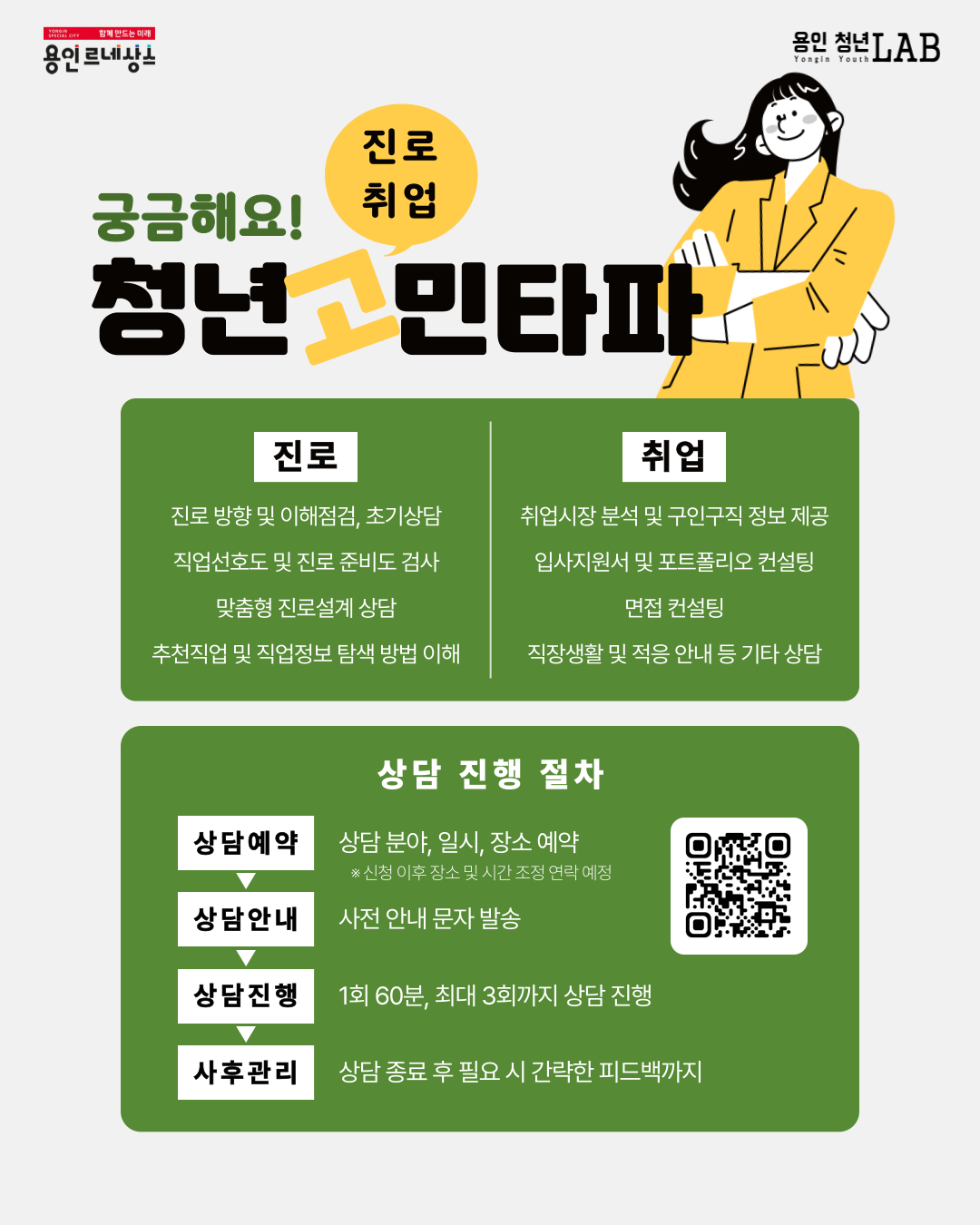 상담 진행 절차 상담예약 상담 분야,일시,장소 예약 *신청 이후 장소 및 시간 조정 연락 예정 상담 안내 사전 안내 문자 발송 상담 진행 1회 60분 최대 3회까지 상담 진행 사후관리 상담 종료 후 필요시 간략한 피드백까지 QR코드 주소 https://forms.gle/eB2op1moCSt1px7Y9