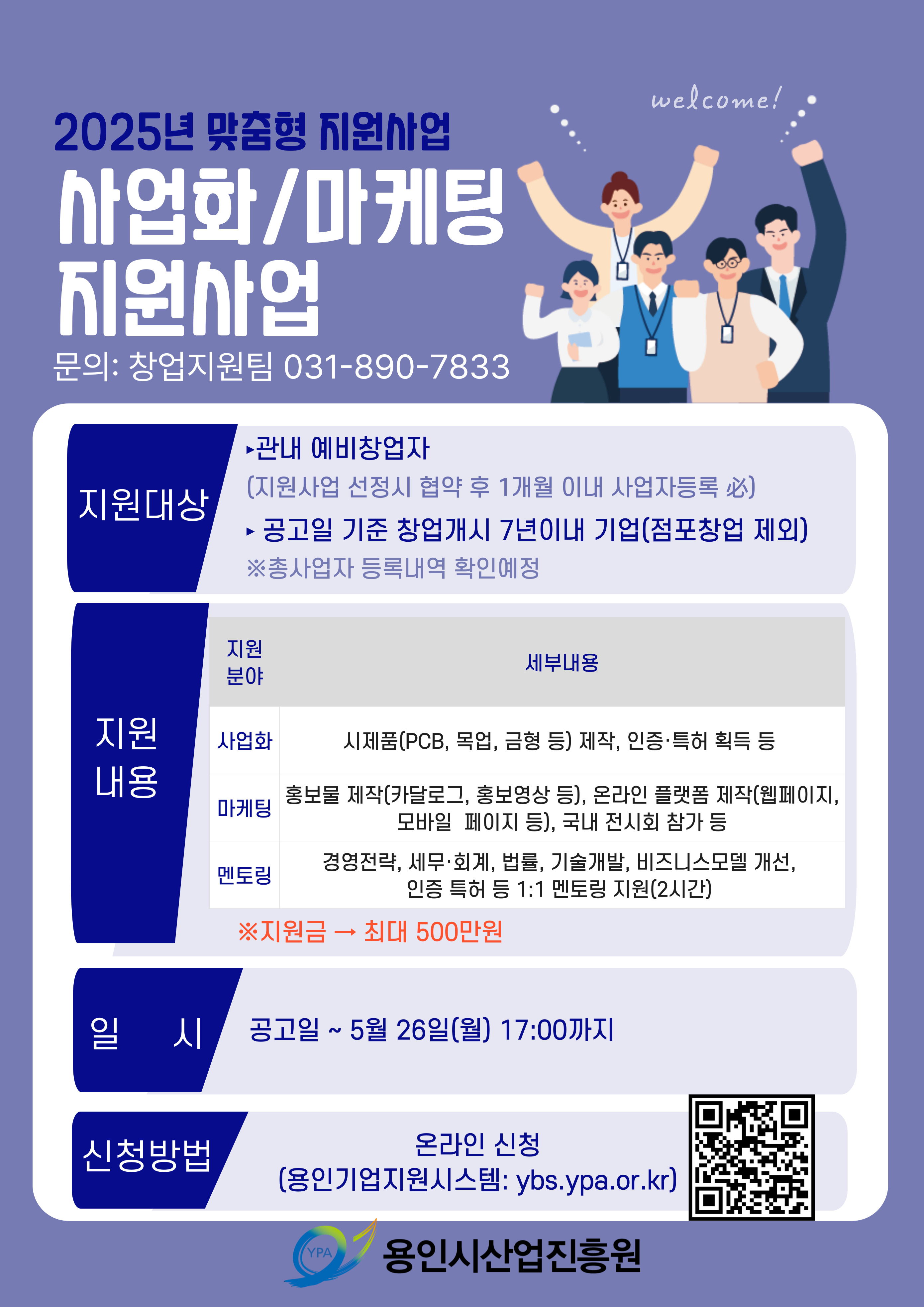 2025년 맞춤형 지원사업 사업화/마케팅 지원사업 문의:창업지원팀 031-890-7833 지원대상 1.관내 예비창업자(지원사업 선정시 협약 후 1개월 이내 사업자등록 必) 2.공고일 기준 창업개시 7년이내 기업(점포창업 제외) ※총사업자 등록내역 확인예정 지원내용 지원분야 세부내용 순으로 설명 1.사업화 - 시제품(PCB,목업,금형 등) 제작, 인증 및 특허 획득 등 2.마케팅- 홍보물 제작(카달로그,홍보영상 등), 온라인 플랫폼 제작(웹페이지,모바일 페이지 등),국내 전시회 참가 등 3.멘토링 - 경영전략, 세무 및 회계, 법률, 기술개발, 비즈니스모델 개선, 인증 특허 등 1:1 멘토링 지원(2시간) ※지원금 - 최대 500만원 일시: 공고일~5월26일 월요일 17:00까지 신청방법 온라인 신청 (용인기업지원시스템: ybs.ypa.or.kr) QR코드 : ybs.ypa.or.kr YPA 용인시산업진흥원