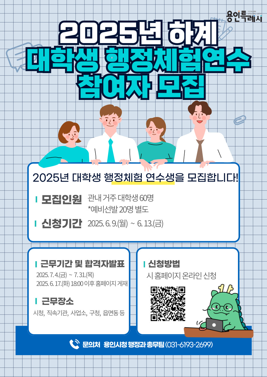 2025년 하계 대학생 행정체험 연수 참여자 모집
2025년 대학생 행정체험 연수생을 모집합니다!
모집인원 관내 거주 대학생 60명 *예비선발 20명 별도
신청기간 2025. 6. 9.(월) ~ 6. 13.(금)
근무기간 및 합격자발표 2025. 7. 4.(금) ~ 7. 31.(목)
2025. 6. 17.(화) 18:00 이후 홈페이지 게재
근무장소 시청, 직속기관, 사업소, 구청, 읍면동 등
신청방법 시 홈페이지 온라인 신청
문의처 용인시청 행정과 총무팀 (031-6193-2699)