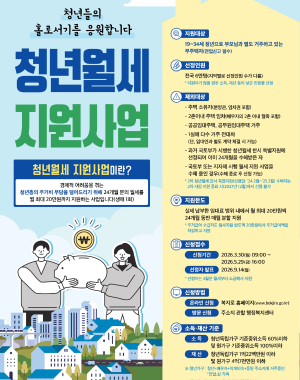 지원대상 19~34세 부모님과 별도 거주 무주택 청년 
소득·재산 (원가구) 기준중위소득 100% 이하, 재산 4억 7천만원 이하 
                (청년본인) 기준중위소득 60% 이하, 재산 1억 2천2백만원 이하
지원내용 월20만원씩 최대 24개월 월세 지원