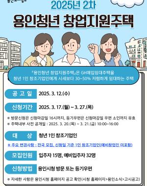 2025년 2차 용인청년 창업지원주택
「용인청년 창업지원주택」은 GH매입임대주택을 직･주 혼합 소호(SOHO)형으로 청년 1인 창조기업인에게 시세보다 30~50% 저렴하게 임대하는 주택입니다.
공고일 2025.3.12
신청기간 2025.3.17 월~3.27 목
방문신청은 신청마감일 16시까지, 등기우편은 신청마감일 우편 소인까지 유효
주택내부 사전 공개일 2025.3.20 목~ 3.21 금 10:00 ~ 16:00
대상 청년 1인 창조기업인
주요 변경사항: 전국모집, 신청일 기준 1인 창조기업인 (예비창업인 미포함)
모집인원 입주자 15명, 예비입주자 32명
신청방법 용인시청 방문 또는 등기우편
자세한 사항은 용인시청 홈페이지 공고 확인(시청 홈페이지 > 용인소식 > 고시공고)
문의처 용인시청 청년담당관 03-6193-2761