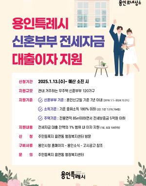 용인특례시 신혼부부 전세자금 대출이자 지원
신청기간 2025.1.13(수) ~ 예산 소진 시
지원규모 관내 거주하는 무주택 신혼부부 120가구
지원기준
신혼부부 기준 : 혼인신고일 기준 7년 이내
소득기준 : 기준 중위소득 180% 이하
주택기준: 전용면적 85㎡ 이하면서 전세보증금 5억원 이하
지원내용 전세자금 대출 잔액의 1% 범위 내 이자 지원
신청 주민등록지 읍면동 행정복지센터 방문
구비서류 용인시청 홈페이지 - 용인소식 - 고시공고 참조
문의 주민등록지 읍면동 행정복지센터