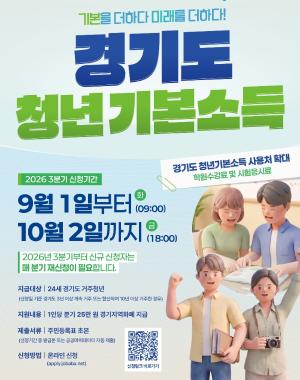 < 2026년 3분기 청년기본소득 신청 안내 >
○ 신청자격
 - 경기도 내 3년 이상 계속 거주 또는 합산 10년 이상 거주중인 24세 청년(2001. 7. 2. ~ 2002. 7. 1. 출생자)
○ 신청기간 : ‘26. 9. 1. 09:00 ~ 10. 2. 18:00(기간 내 24시간 신청 가능)
○ 신청방법
 - 분기별 온라인 및 모바일 신청 
☞ 경기도일자리포털 잡아바
https://apply.jobaba.net/special/gibon/main.do