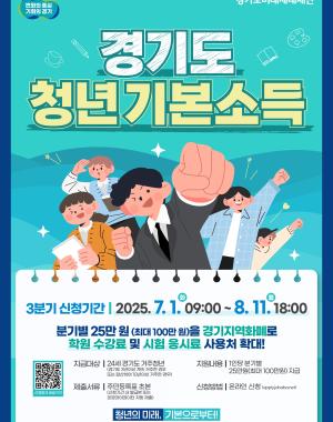 경기도 청년 기본소득
청년의 미래, 기본으로부터!
24세 경기도 청년이라면 누구나! 분기별 25만원(최대 100만원)을 경기지역화폐로!
※ 신청기간 2025.7.1 09:00 ~ 8.11 18:00 지원대상 24세 경기도 거주청년(경기도 3년이상 계속 또는 합산 10년 이상 거주자) 
※ 대상자 : '00. 07. 02. ~ '01. 7. 1. 출생자
지원내용 1인당 분기별 25만원 지원 및 지역화폐 (용인와이페이)지급
제출서류 주민등록표 초본
신청방법 온라인신청
신청QR코드 https://apply.jobaba.net/special/gibon/main.do