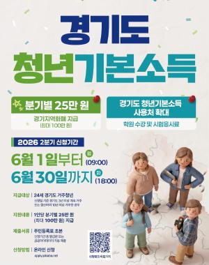 < 2026년 2분기 청년기본소득 신청 안내 >
○ 신청자격
 - 경기도 내 3년 이상 계속 거주 또는 합산 10년 이상 거주중인 24세 청년(2001. 4. 2. ~ 2002. 4. 1. 출생자)
○ 신청기간 : ‘26. 6. 1. 09:00 ~ 6. 30. 18:00(기간 내 24시간 신청 가능)
○ 신청방법
 - 분기별 온라인 및 모바일 신청 
☞ 경기도일자리포털 잡아바
https://apply.jobaba.net/special/gibon/main.do